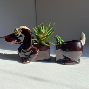 Vintage MCM Dachshund Planter Bookends